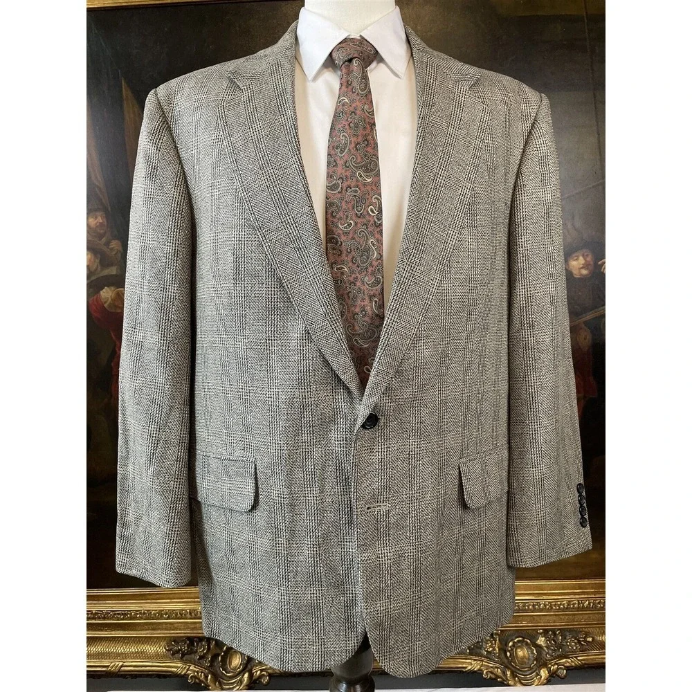VTG Oscar De La Renta 44R Silk & Wool Tweed Black White Check 2Btn Blazer Jacket